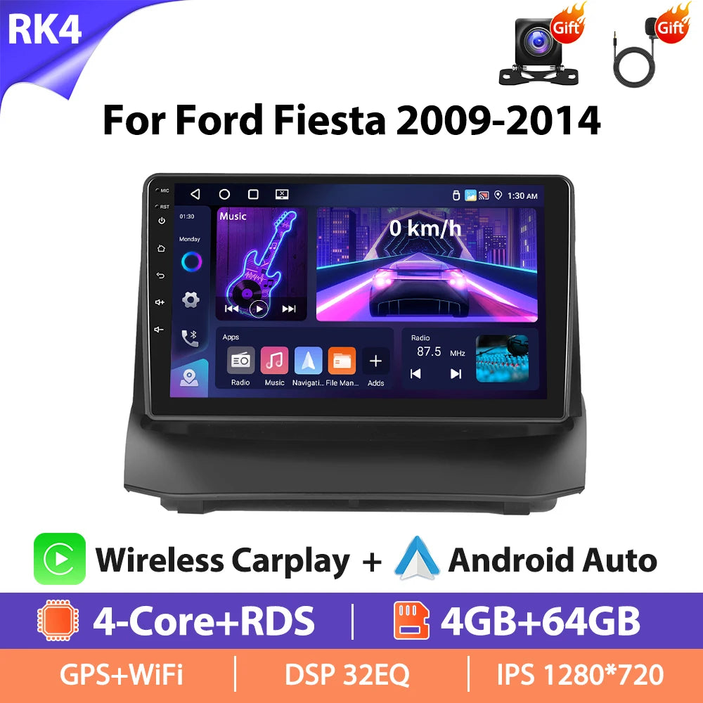 Autoradio Hikity 9 pouces 4G pour Ford Fiesta 2009-2014, lecteur multimédia vidéo, Carplay, Android Auto, 8 cœurs, WIFI, 4G, GPS, Mirrorlink, BT