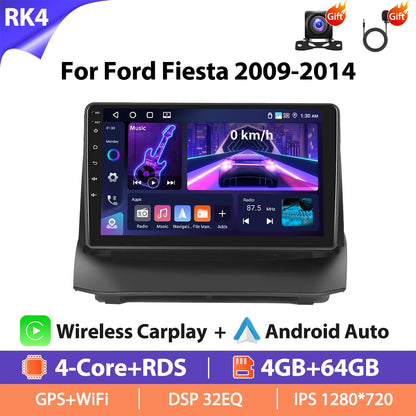 Autoradio Hikity 9 pouces 4G pour Ford Fiesta 2009-2014, lecteur multimédia vidéo, Carplay, Android Auto, 8 cœurs, WIFI, 4G, GPS, Mirrorlink, BT