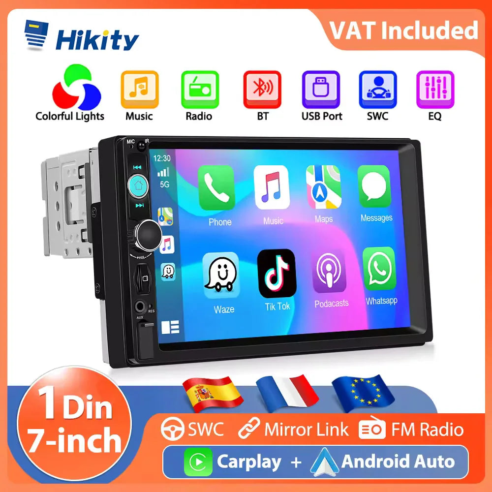 Lecteur multimédia MP5 Hikity universel 7 pouces 1 Din avec Carplay, prise en charge de Mnirrorlink, effets sonores EQ, BT, FM, USB, carte SD, autoradio