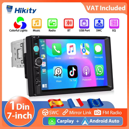 Lecteur multimédia MP5 Hikity universel 7 pouces 1 Din avec Carplay, prise en charge de Mnirrorlink, effets sonores EQ, BT, FM, USB, carte SD, autoradio
