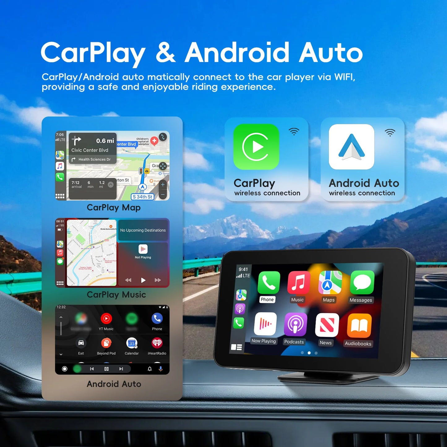 Podofo 4.7 "CarPlay Android lecteur de Navigation automatique Aiplay intégré EQ BT FM haut-parleur Android Cast GPS navigateur voiture lecteur intelligent