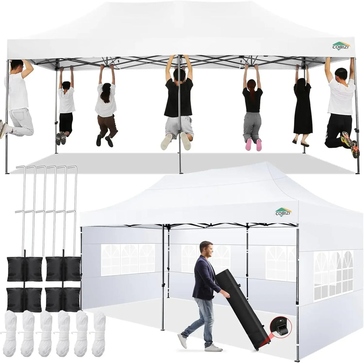 Tente Pop-Up 10x20 pieds avec 6 parois latérales, sac de transport, roulettes, blanche, imperméable, robuste, pour événements commerciaux, fêtes en extérieur, jardin, gazebo