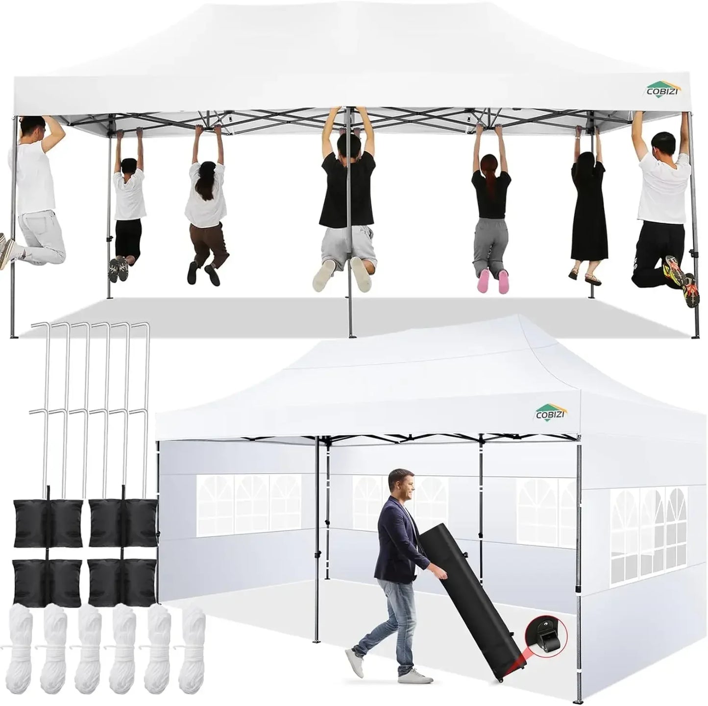 Tente Pop-Up 10x20 pieds avec 6 parois latérales, sac de transport, roulettes, blanche, imperméable, robuste, pour événements commerciaux, fêtes en extérieur, jardin, gazebo