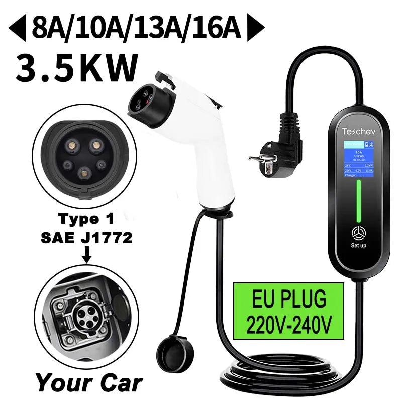 Teschev-Chargeur EV Portable pour Voiture Électrique, Boîtier de Charge EVSE Type 2, Niveau 2, J1772 Vope1, 3,5 KW, 16A