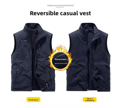 Gilet de sport d'extérieur en polaire épaisse pour homme, réversible, décontracté, coupe ample, fermeture éclair, couleur unie, automne-hiver