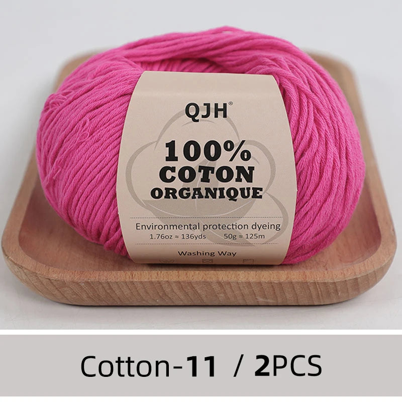 QJH Fil 100% coton biologique, fil pour tricoter, crochet et artisanat, paquet de 2 - 1,76 oz/136 mètres/1 pièce, léger, Dk