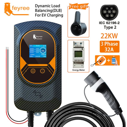 شاحن Feyree EV Type2 كابل 32 أمبير 7.6 كيلو واط شحن ديناميكي موازنة Wallbox EVSE وظيفة التطبيق 11 كيلو واط 22 كيلو واط محطة شحن سيارة كهربائية