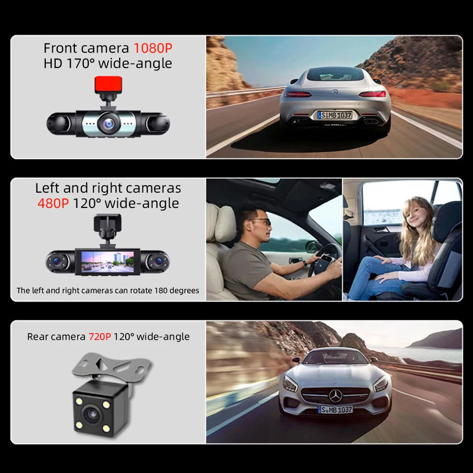 Caméra de tableau de bord à 3 objectifs HD 1080P, enregistrement en boucle, capteur G en option, surveillance à 4 objectifs, enregistreur de conduite 360 °   Angle de vision