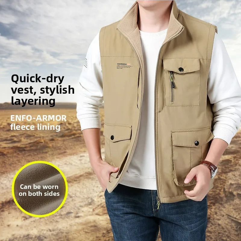 Gilet de sport d'extérieur en polaire épaisse pour homme, réversible, décontracté, coupe ample, fermeture éclair, couleur unie, automne-hiver