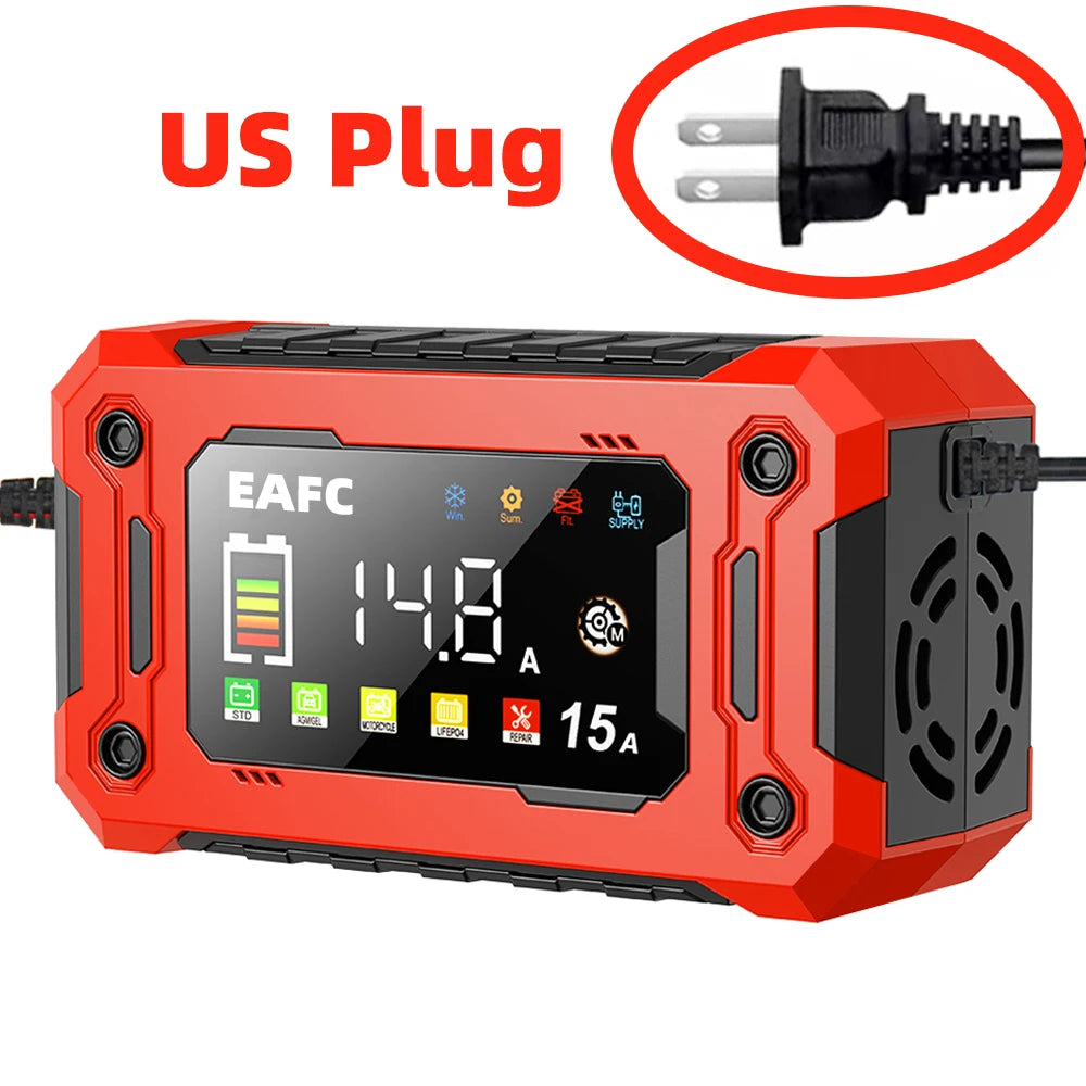 Le plus récent chargeur de batterie de voiture 12V 15A/8A réparation d'impulsions grand écran chargeur intelligent pour voiture moto plomb acide AGM GEL Batteries