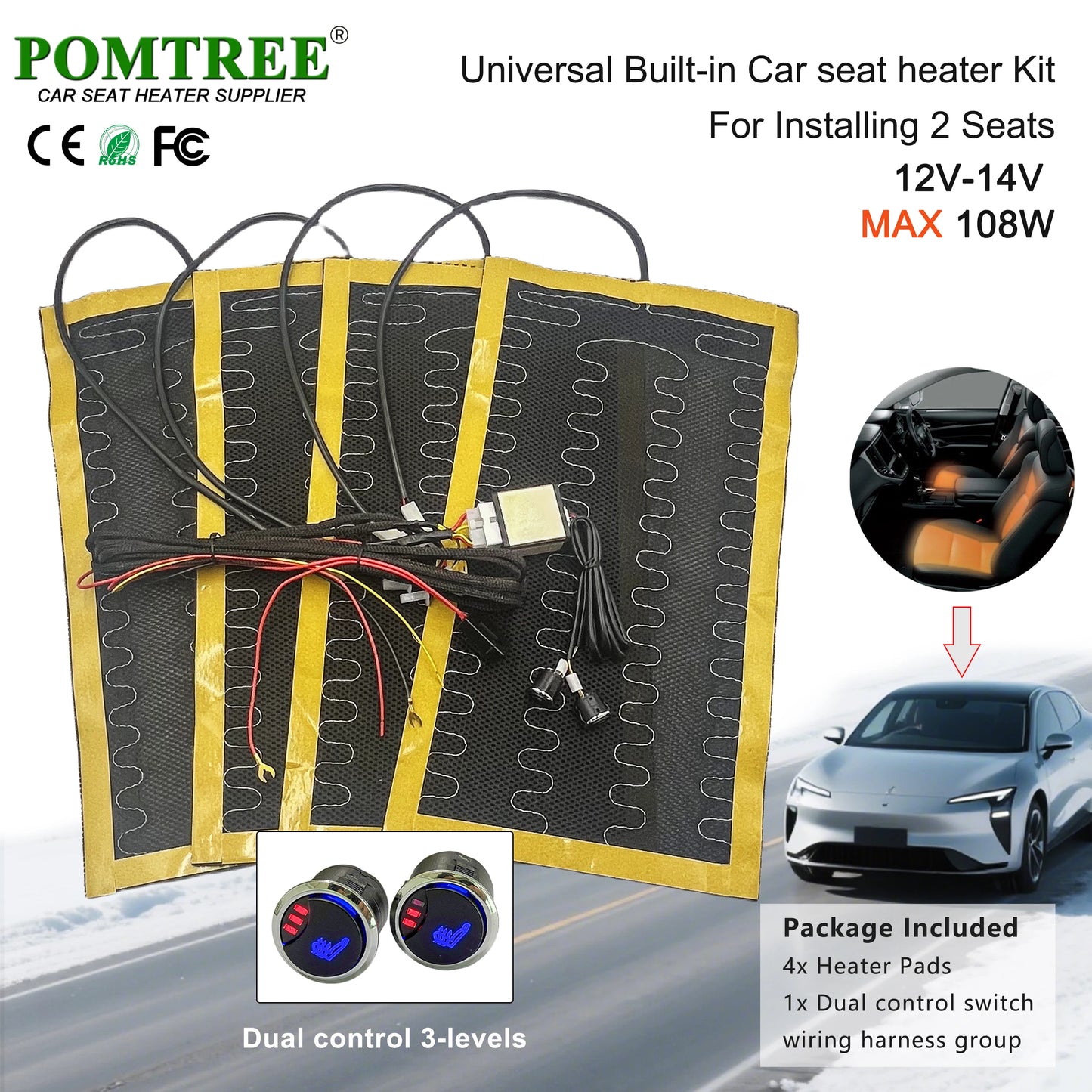 Nouveau Kit de chauffage de siège de voiture intégré adapté aux 1/2 sièges, 12V 2/4 pièces tampons chauffants universels en fil d'alliage 3 niveaux interrupteur chauffant à double commande