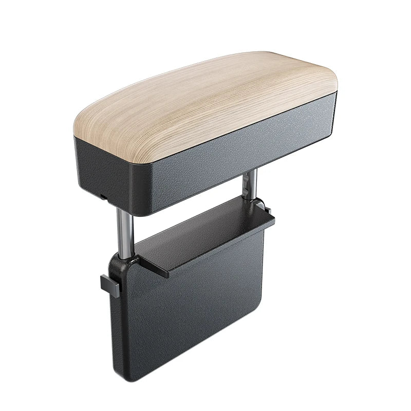 Accoudoir de siège auto - Boîte de rangement réglable pour voiture, en cuir PU motif bois, avec plaque de fixation ABS et piliers de support métalliques