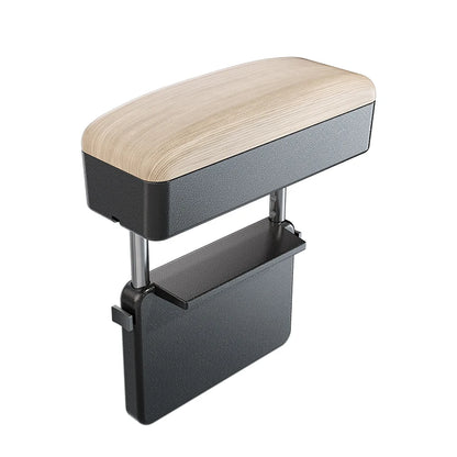 Accoudoir de siège auto - Boîte de rangement réglable pour voiture, en cuir PU motif bois, avec plaque de fixation ABS et piliers de support métalliques