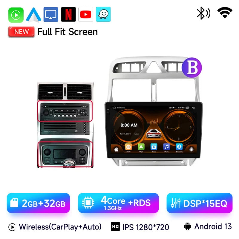 JIUYIN-Autoradio pour KIT 307, 307CC, 307SW, 2002-2013, CarPlay sans fil, Android Auto, systèmes intelligents de voiture, No 2 Din, DVD