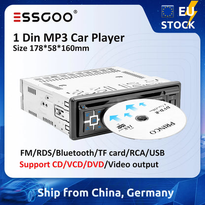ESSGOO Autoradio 1 din autoradio Support CD/VCD/DVD autoradio RDS FM Bluetooth AUX RCA USB TF carte 1Din MP3 lecteur multimédia