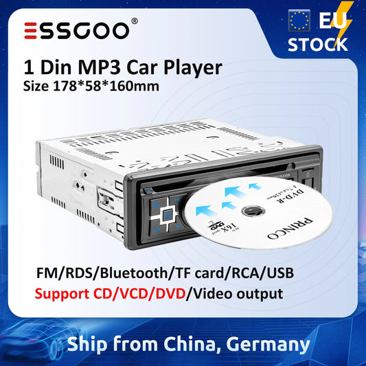 ESSGOO Autoradio 1 din autoradio Support CD/VCD/DVD autoradio RDS FM Bluetooth AUX RCA USB TF carte 1Din MP3 lecteur multimédia