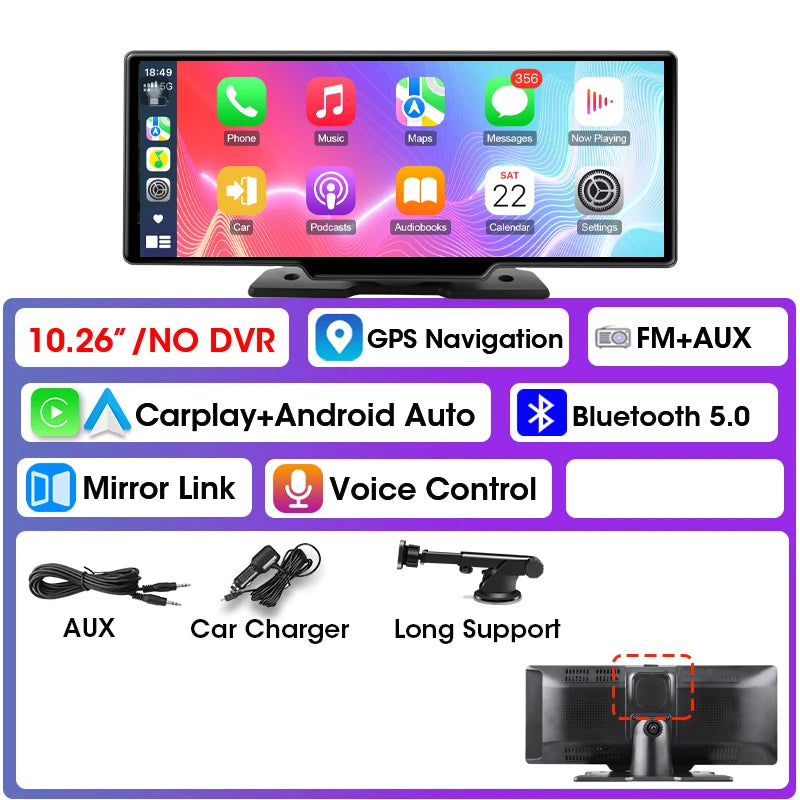 Écran de lecture de voiture de 10.26 pouces, CarPlay sans fil et Android Auto Dash Cam caméra arrière multimédia stéréo, Radio FM AUX, écran tactile de voiture