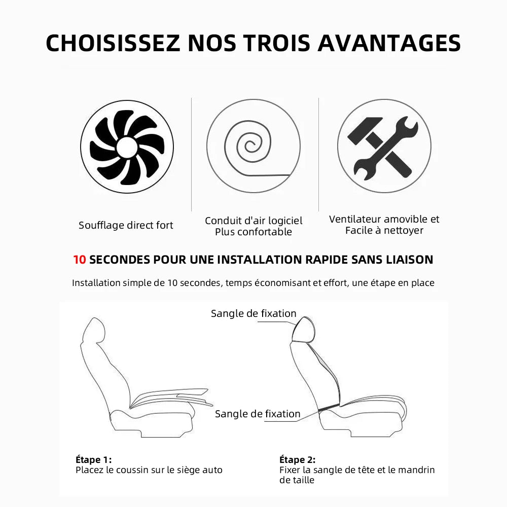 Coussin avant de siège d'air frais de voiture USB12V/24V, siège de ventilateur de voiture universel à refroidissement rapide, réglage à 3 vitesses, coussin de siège ventilé pour voiture