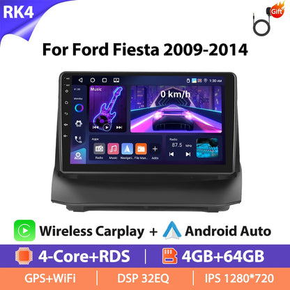 Autoradio Hikity 9 pouces 4G pour Ford Fiesta 2009-2014, lecteur multimédia vidéo, Carplay, Android Auto, 8 cœurs, WIFI, 4G, GPS, Mirrorlink, BT