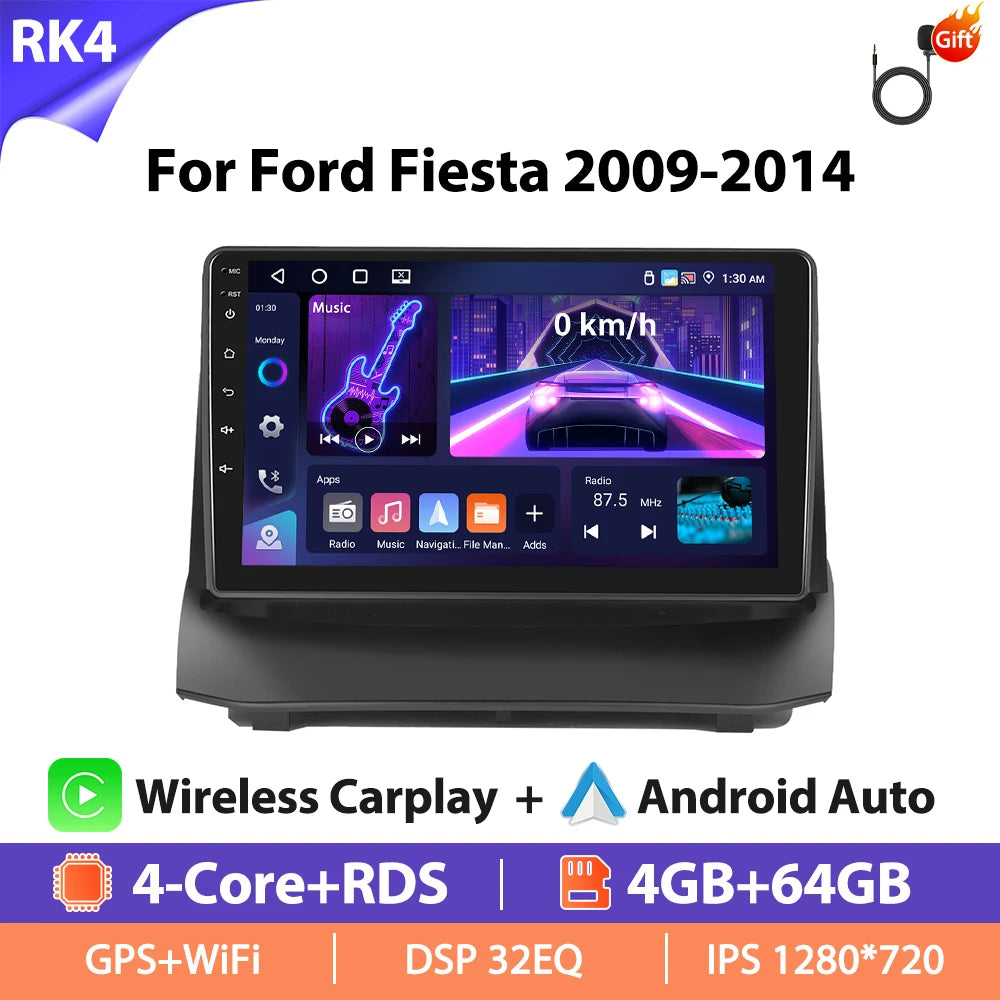 Autoradio Hikity 9 pouces 4G pour Ford Fiesta 2009-2014, lecteur multimédia vidéo, Carplay, Android Auto, 8 cœurs, WIFI, 4G, GPS, Mirrorlink, BT