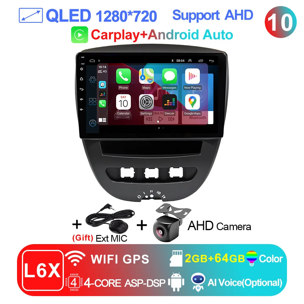 LEHX-Autoradio L6 Pro, Android 14, 2 Din, Stéréo, CarPlay, Limitation de Courant, GPS, pour Voiture KIT 107, Toyota Aygo, Cristaux en C1 (2005-2014)