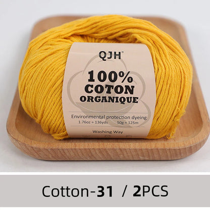 QJH Fil 100% coton biologique, fil pour tricoter, crochet et artisanat, paquet de 2 - 1,76 oz/136 mètres/1 pièce, léger, Dk