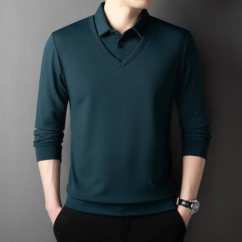 Polo à manches longues pour hommes, décontracté et à la mode, couleur unie, faux deux pièces, Business, toutes saisons, haut polyvalent, nouvelle collection 2025