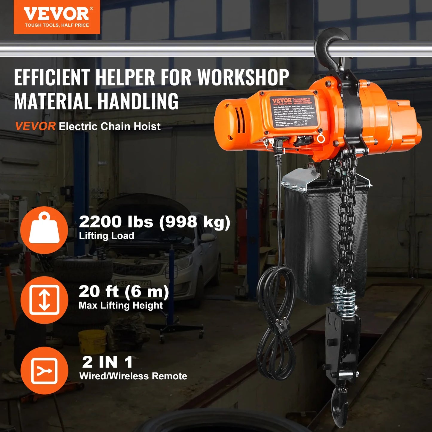 VEVOR Palan électrique à chaîne, 998 kg, grue monophasé avec chaîne, 1000 W, hauteur de levage max 6 m, télécommande sans fil de 100 m et télécommande filaire de 4,5 m pour garage, atelier et maison