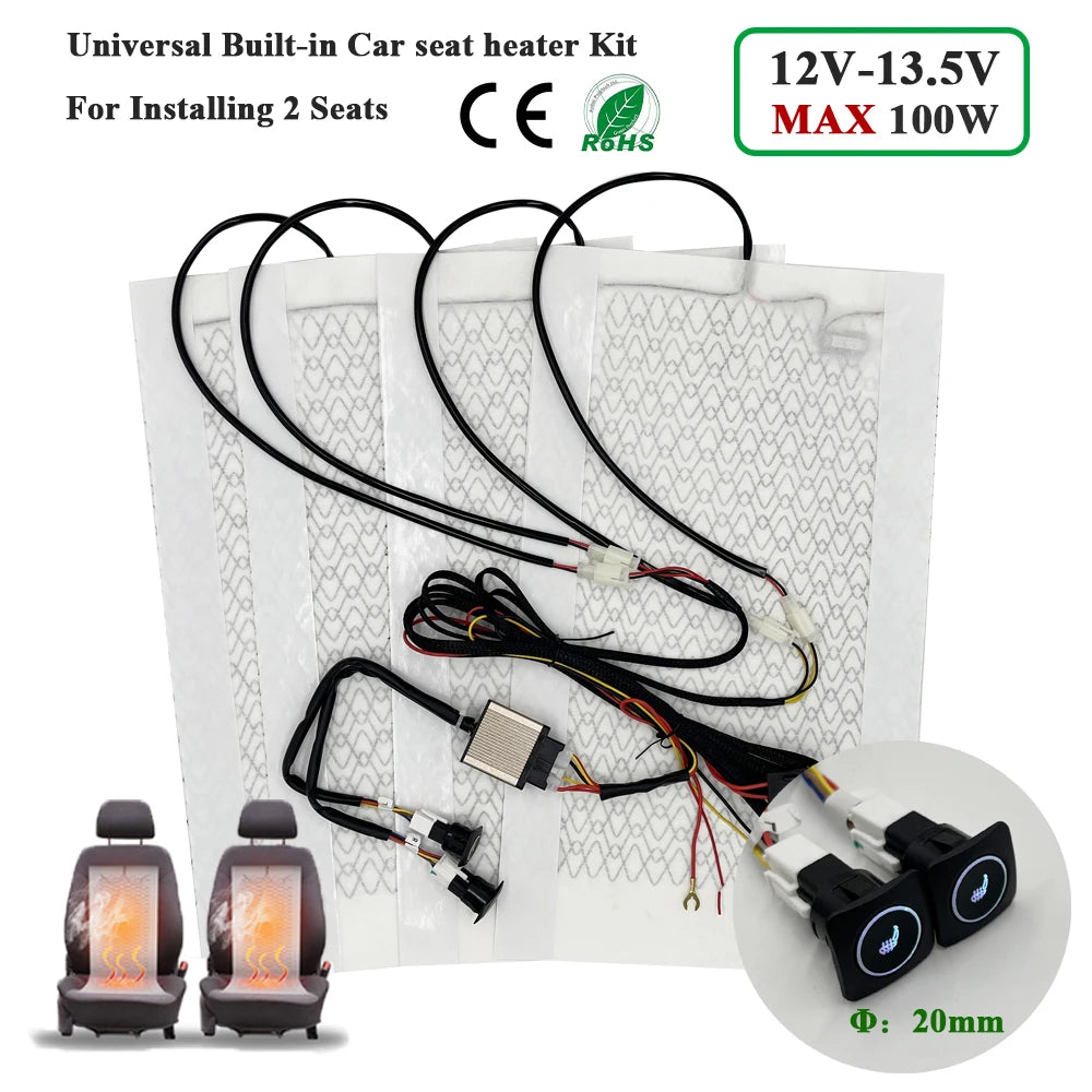 Kit de chauffage de siège de voiture intégré universel Max 100W, adapté aux 2 sièges avec coussinets chauffants en Fiber de carbone 12V, système de commutation de commande à 3 niveaux