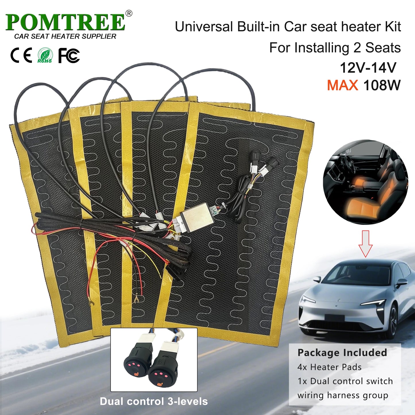 Nouveau Kit de chauffage de siège de voiture intégré adapté aux 1/2 sièges, 12V 2/4 pièces tampons chauffants universels en fil d'alliage 3 niveaux interrupteur chauffant à double commande
