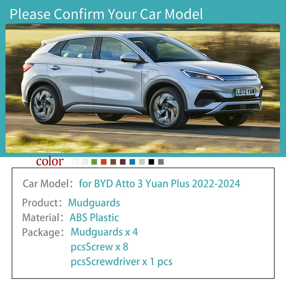 Garde-boue pour BYD Atto 3 Yuan Plus EV 2022 2023 2024, pièces de roue avant et arrière de voiture, accessoires de garde-boue