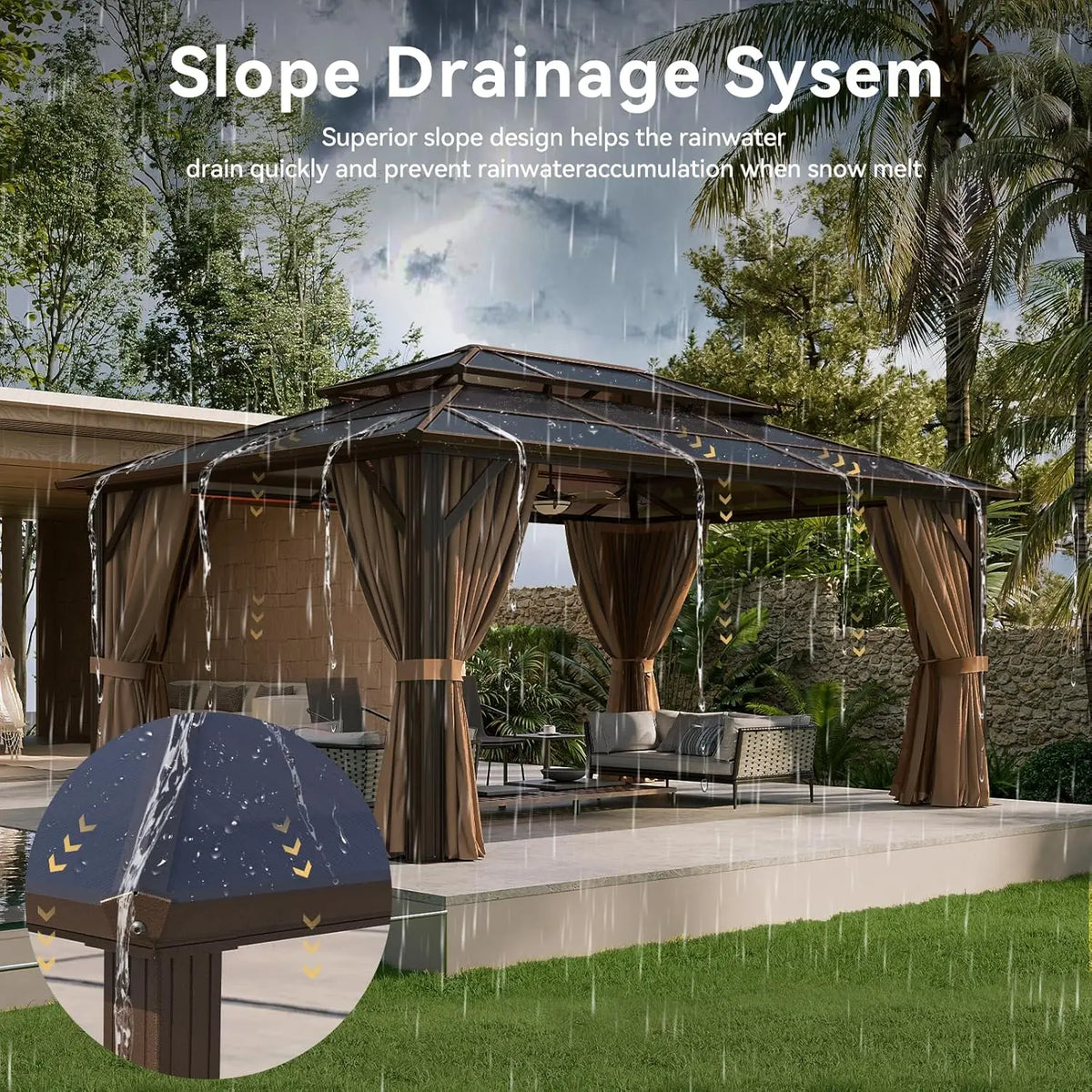 Gazebo à toit rigide en aluminium 12x16 avec rideaux et moustiquaire, toit double en polycarbonate pour jardin, pelouse, terrasse, sur mesure