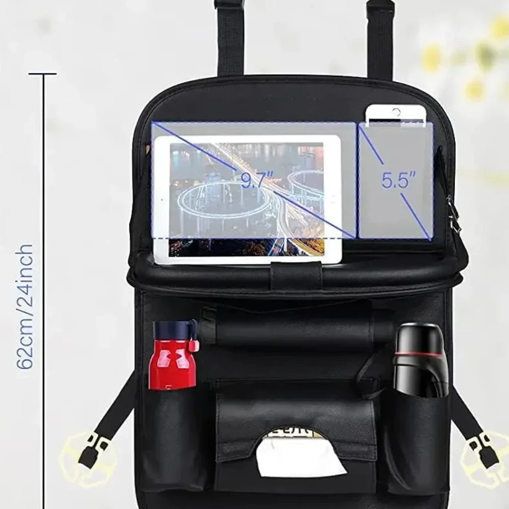 Organisateur de dossier de siège de voiture avec plateau de Table pliable, organisateur de rangement en cuir PU, poches, tapis de coup de pied, accessoires d'intérieur de siège