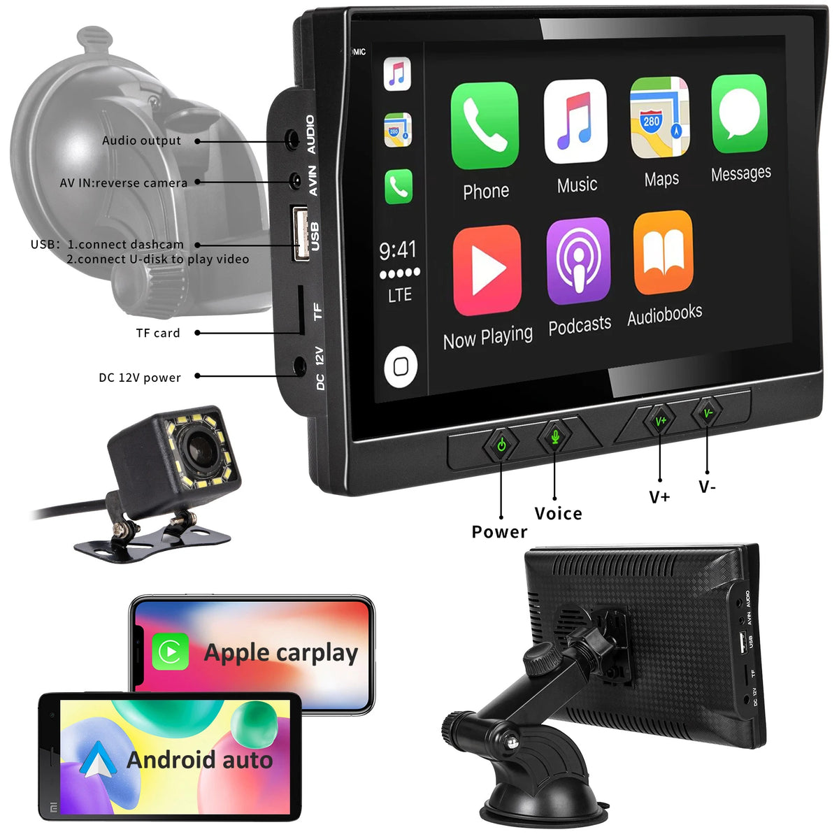 Autoradio Portable lecteur vidéo multimédia sans fil CarPlay Android Auto écran tactile 7 pouces avec AUX FM pour caméra de recul ﻿