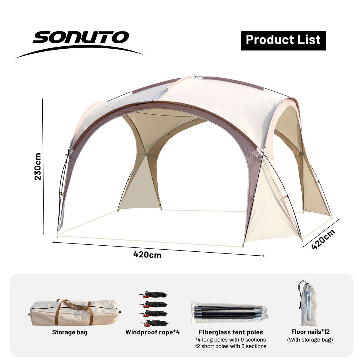 Tente dôme extra large Sonuto, gazebo de camping pop-up avec moustiquaire, protection solaire imperméable, pavillon pour fête en plein air