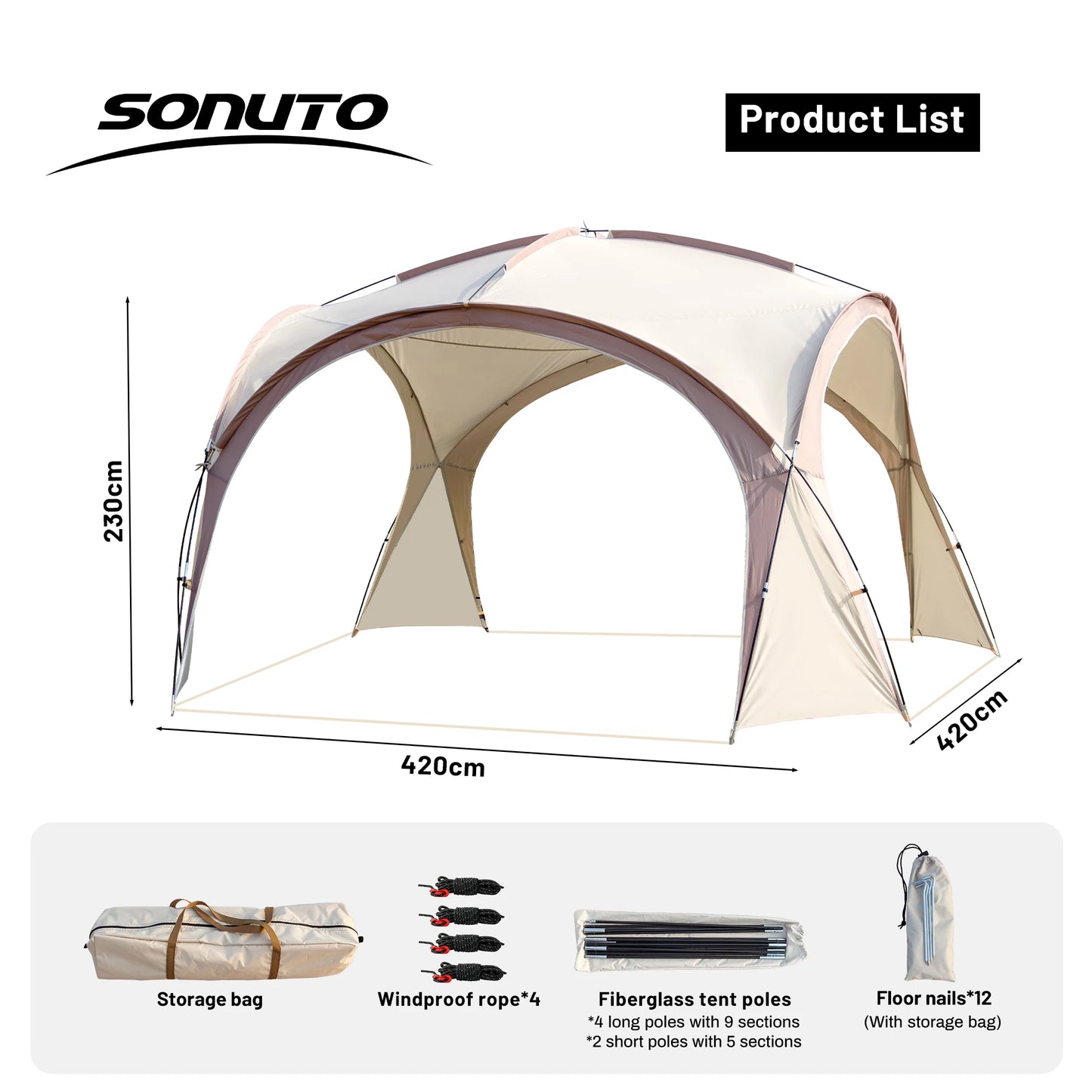 Tente dôme extra large Sonuto, gazebo de camping pop-up avec moustiquaire, protection solaire imperméable, pavillon pour fête en plein air