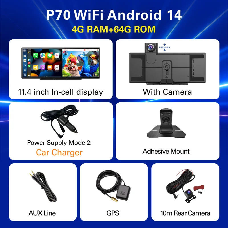 BYUJQ 11.4 'Android 14 8 Core Carplay écran pour voiture Dashcam 4G + 64G sans fil CarPlay et Android Auto Netflix Google Play GPS