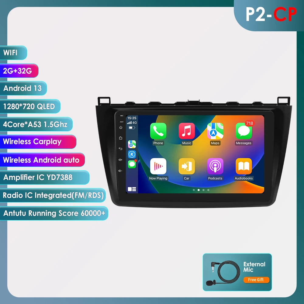 Hizpo Android 14 pour Mazda 6 2007 - 2012 lecteur multimédia de voiture Navigation GPS Radio Carplay Navi 360 caméra 4G No 2 Din 2din DVD