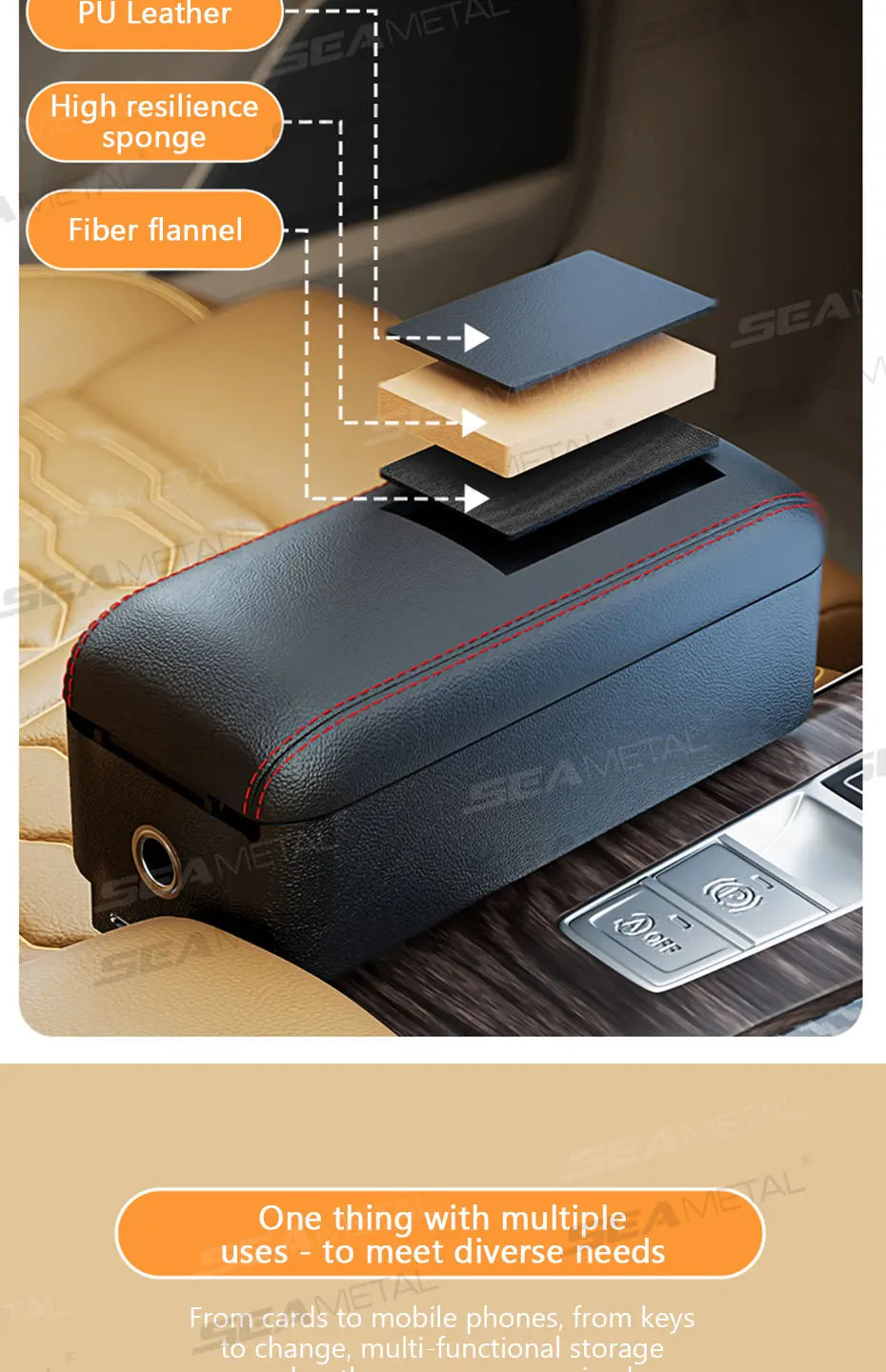 SEAMETAL-Boîte de rangement pour bras de voiture réglable, support de coude, boîte de console centrale avec porte-gobelet GNE, évaluation de charge recommandée