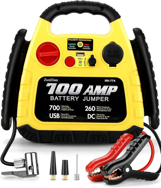 Démarreur de saut de voiture 12 V avec compresseur d'air, pic 700 A, centrale électrique portable pour moteurs 5,0 L, lumière LED