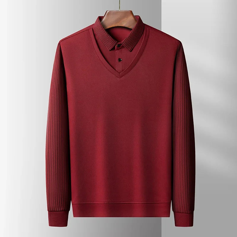 Polo à manches longues pour hommes, décontracté et à la mode, couleur unie, faux deux pièces, Business, toutes saisons, haut polyvalent, nouvelle collection 2025