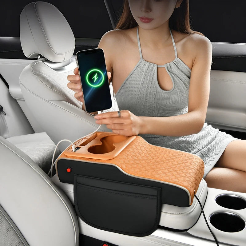 Boîte de rangement multifonctionnelle 10-en-1 pour accoudoir de voiture, avec coussin rehausseur sportif supérieur, port de charge USB et lampe d'ambiance étoilée
