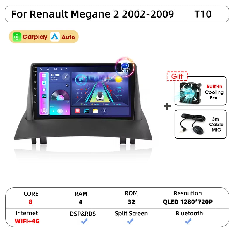 Android Carplay Auto pour Renault Megane 2 2002 2003 2004 2005 2006 2007 2008 2009 lecteur d'autoradio multimédia WIFI + 4G stéréo