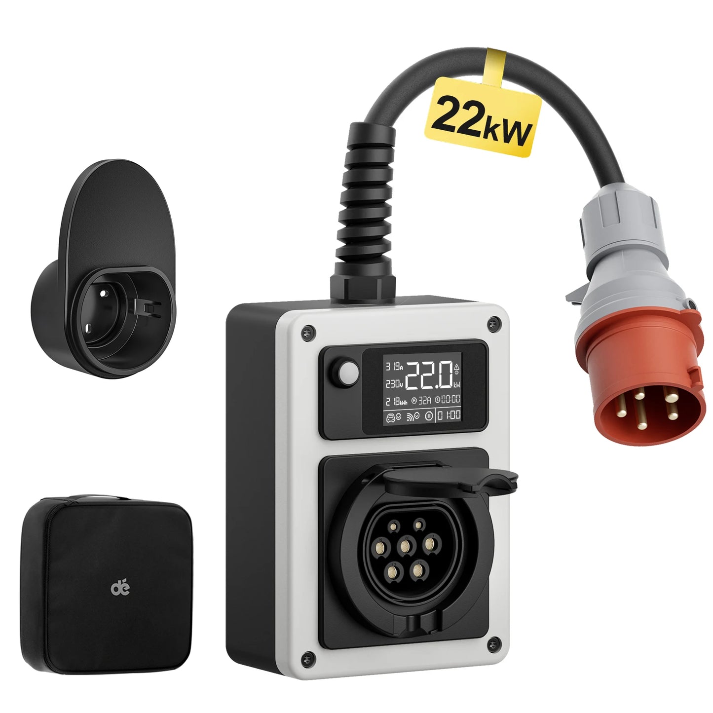 dé 22kW Wallbox mobile pour véhicule électrique, prise rouge CEE vers prise de type 2, station de charge pour véhicule électrique triphasé, 32A