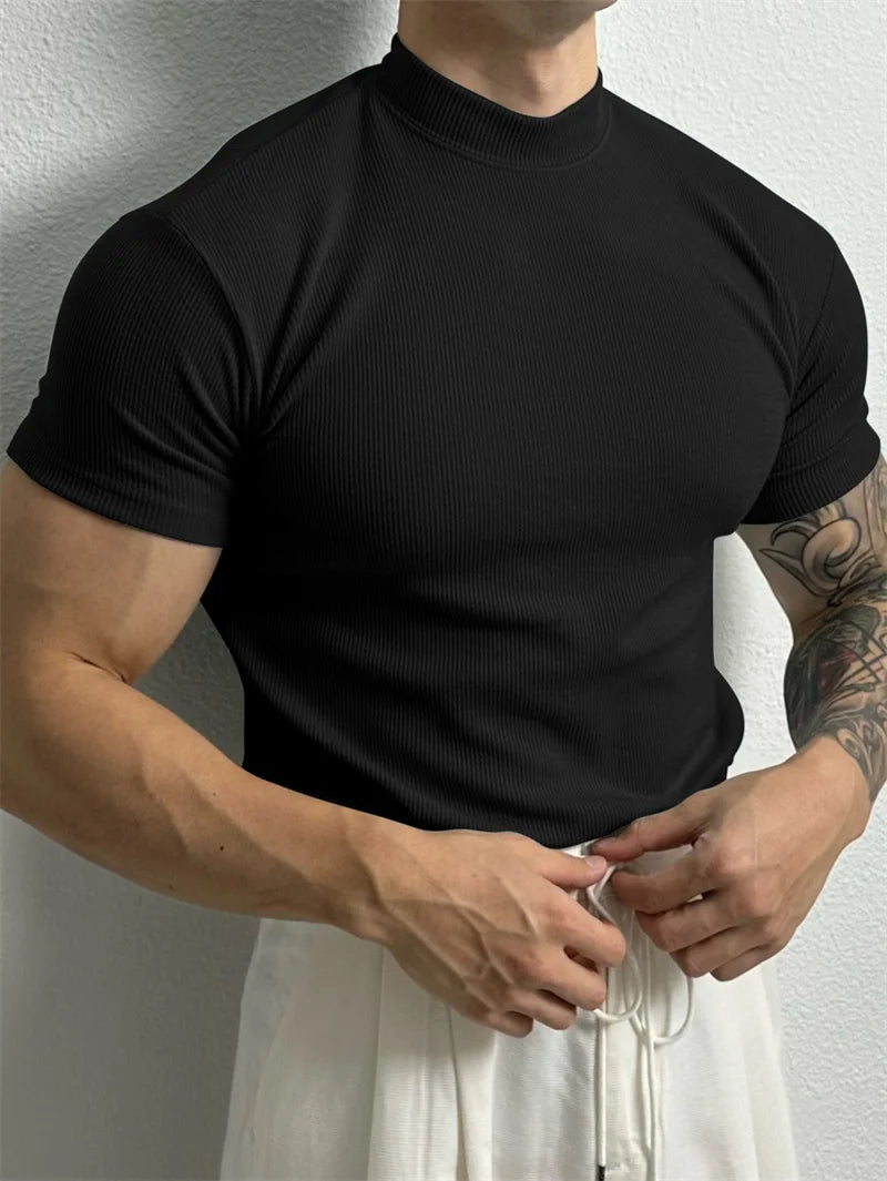 Printemps été mode hommes T-shirt petit col haut chemise à rayures à manches courtes haut de fitness loisirs sport T-shirt hommes vêtements de sport