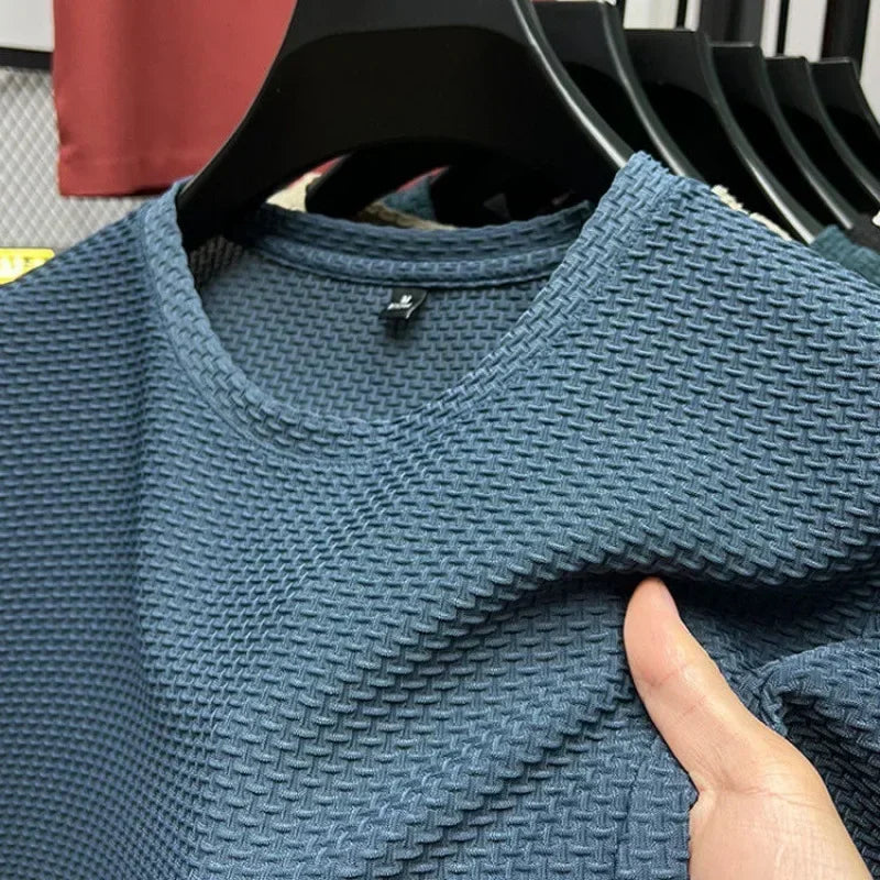 Été glace soie haut de gamme couleur unie haute qualité à manches courtes t-shirts hommes respirant mode T-Shirt mâle marque vêtements 4XL