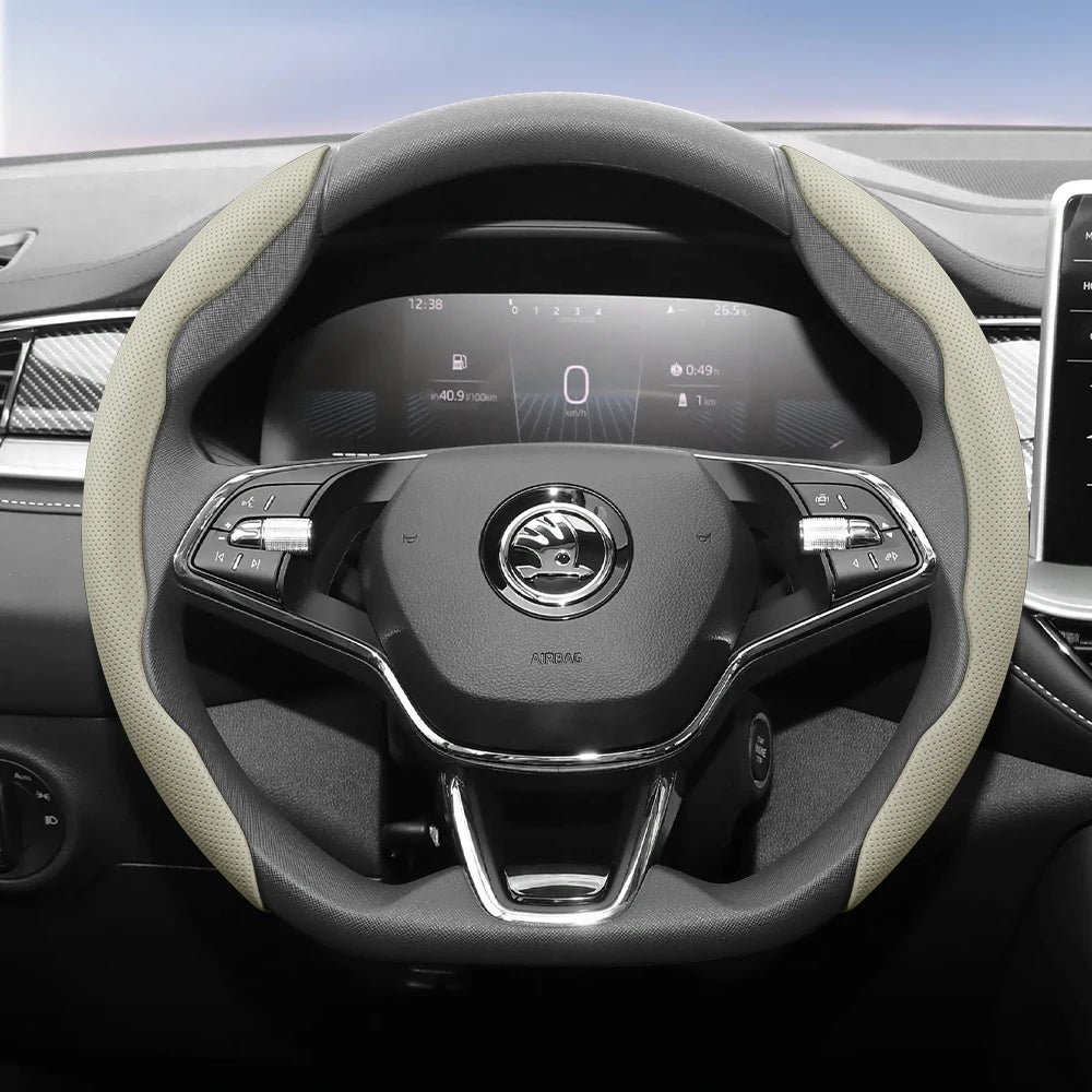 مناسب لـ Skoda غطاء عجلة قيادة من الجلد المسامي بتصميم مقطع سريع التحرير، مضاد للانزلاق ومتين، لسيارات Octavia Rapid Kodiaq Karoq Fabia Superb Kamiq Citigo Scala Combi Kylaq Kushag Slavia Black