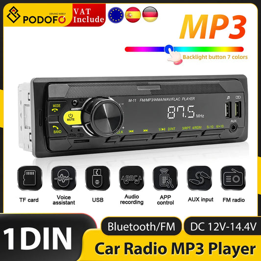 PodoNuremberg-Lecteur d'autoradio MP3, 1 Din, Audio stéréo, FM, récepteur d'entrée Mx, SD, TF, USB, 12V, Bluetooth intégré au tableau de bord, limitation