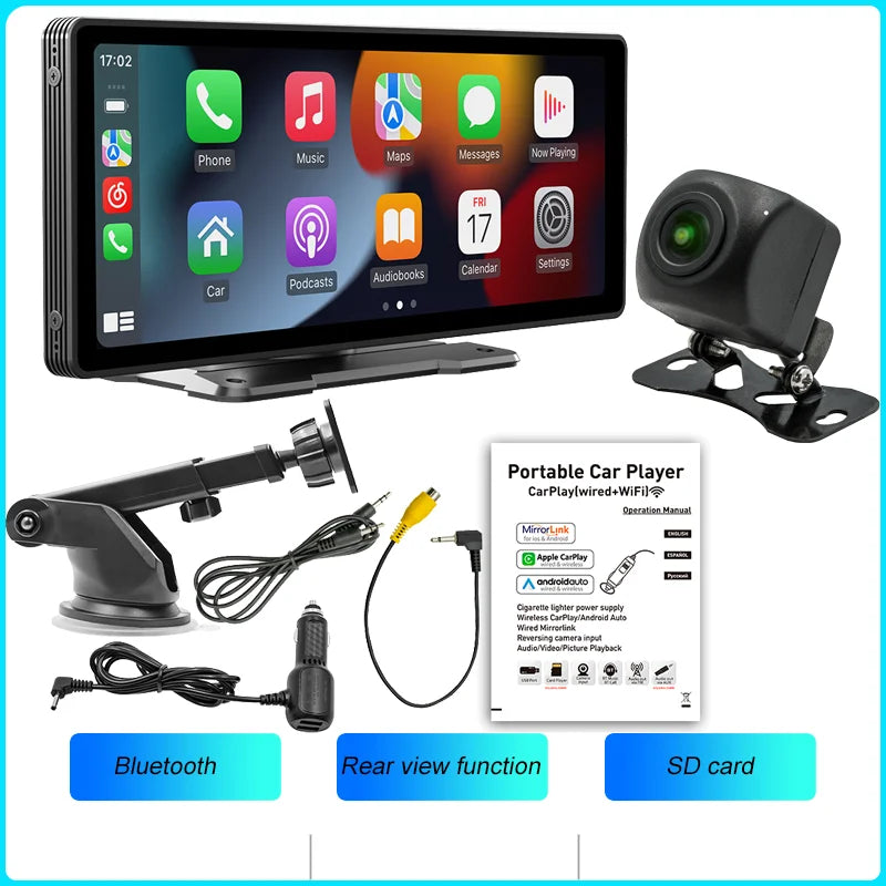 BQCC-Écran Carplay sans fil portable, caméra de recul arrière HD, autoradio DVR, lecteur vidéo MP5, Android Auto, 10.26 pouces