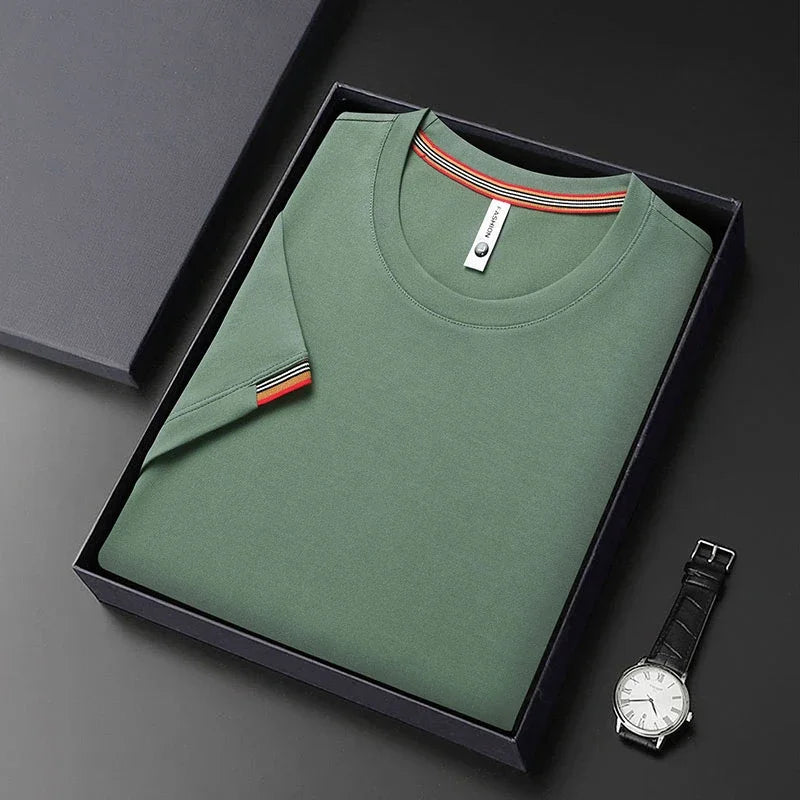 T-shirt à Manches Courtes pour Homme, Col Rond, Solide, avec Poignets Brodés, à la Mode, Confortable, Respirant et artificiel astique